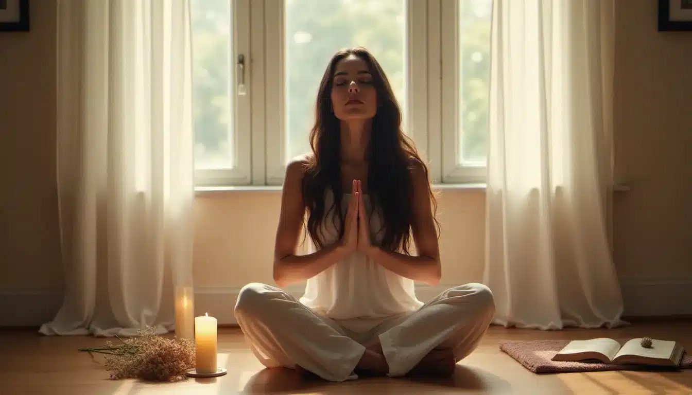Femme en méditation les mains sur le cœur lors d'un rituel de reconnexion à soi, pratique de guérison dans le contexte d'une relation runner chaser