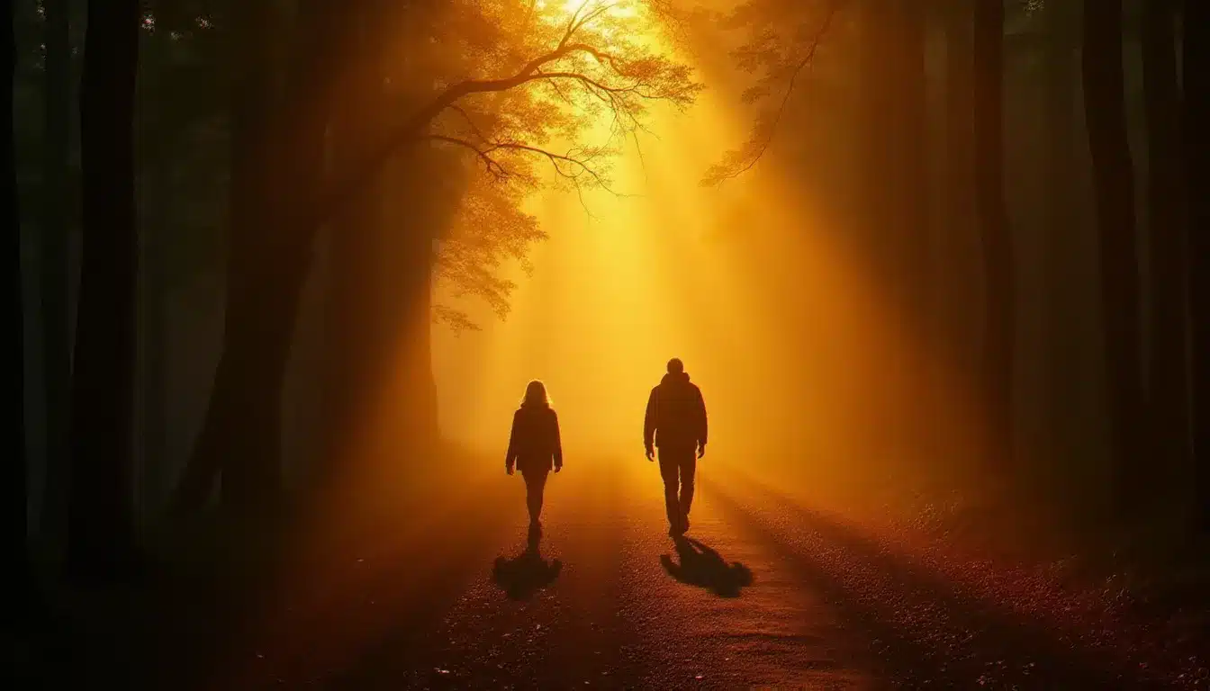 Deux silhouettes sur un chemin forestier brumeux illustrant la dynamique runner chaser relationship, l'un s'éloignant et l'autre regardant