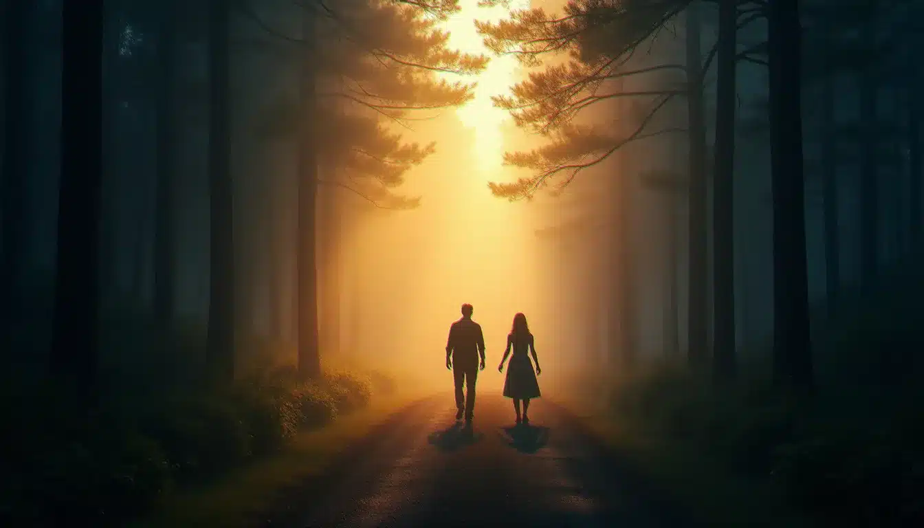 Deux silhouettes dans une forêt brumeuse illustrant la dynamique runner chaser twin flame, l'un s'éloignant dans le brouillard tandis que l'autre tend la main