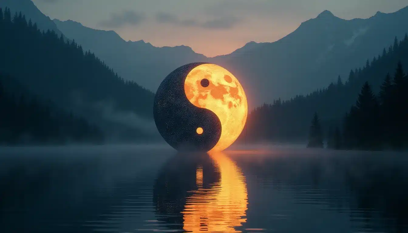 Un symbole yin yang lumineux formé de deux courants d'eau opposés sur un lac de montagne au crépuscule, évoquant l'équilibre parfait des énergies complémentaires dans la connexion des flammes jumelles
