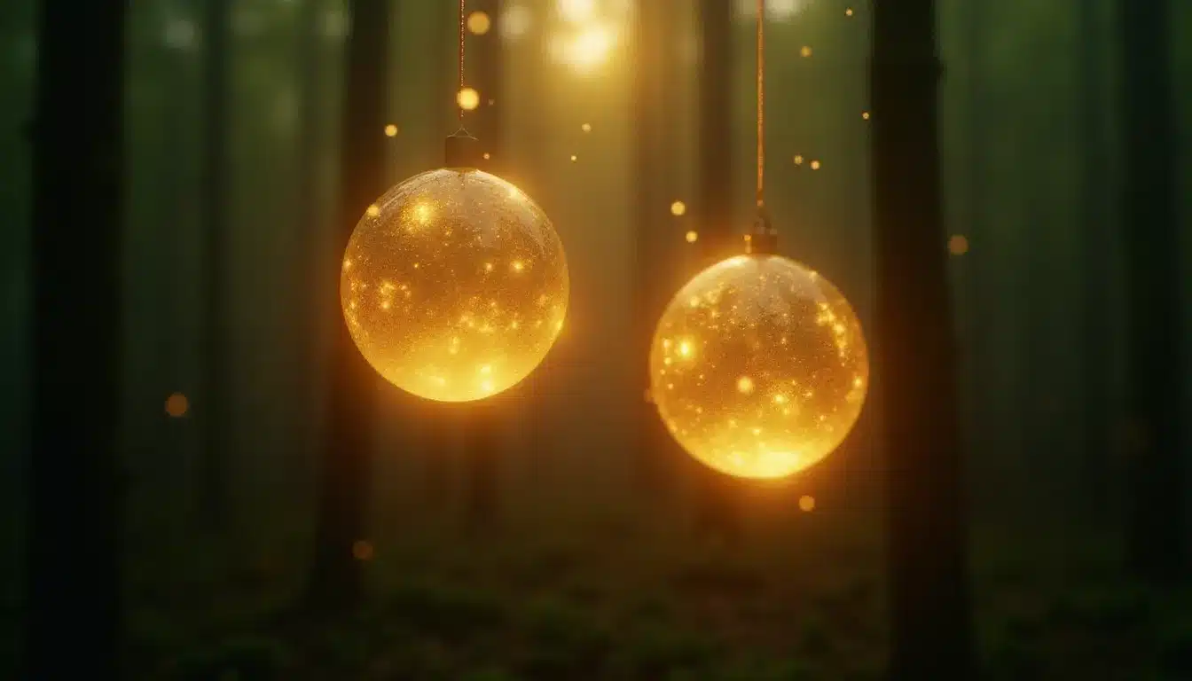 Deux sphères de lumière dorée reliées par un fil lumineux dans une forêt brumeuse à l'aube, symbole de la connexion entre flammes jumelles