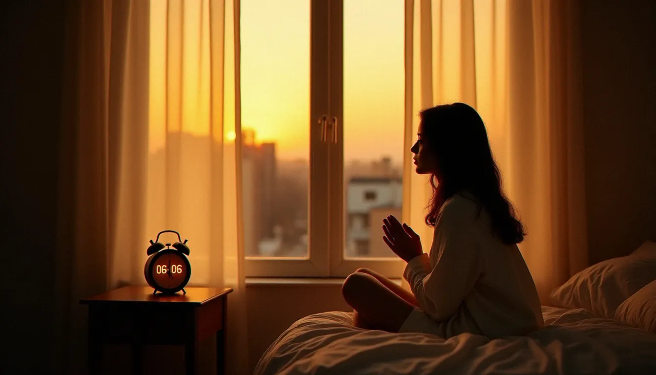Femme en contemplation au lever du soleil regardant une horloge affichant 06h06, évoquant la signification de cette heure miroir pour les flammes jumelles