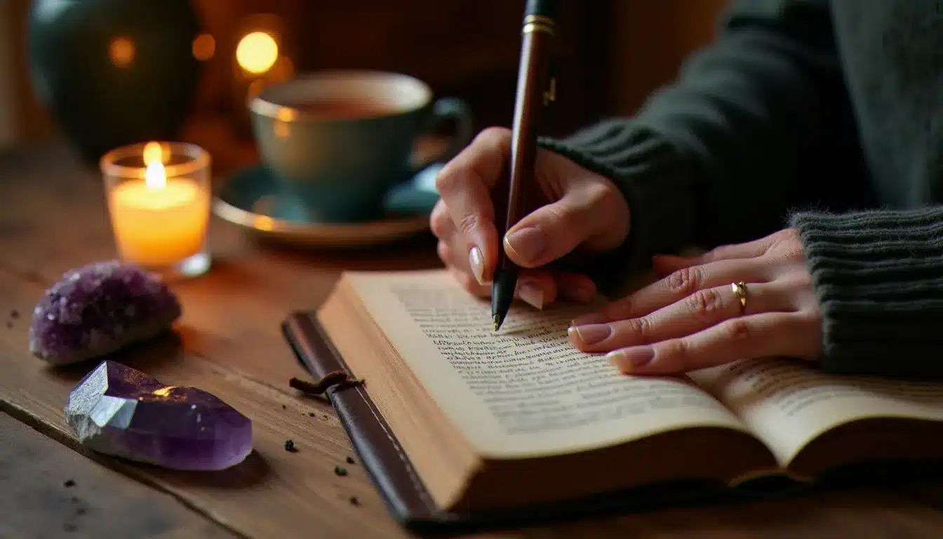 Mains féminines tenant un journal intime à la lumière d'une bougie avec un cristal d'améthyste, pratique de documentation des synchronicités spirituelles comme recommandé pour les flammes jumelles