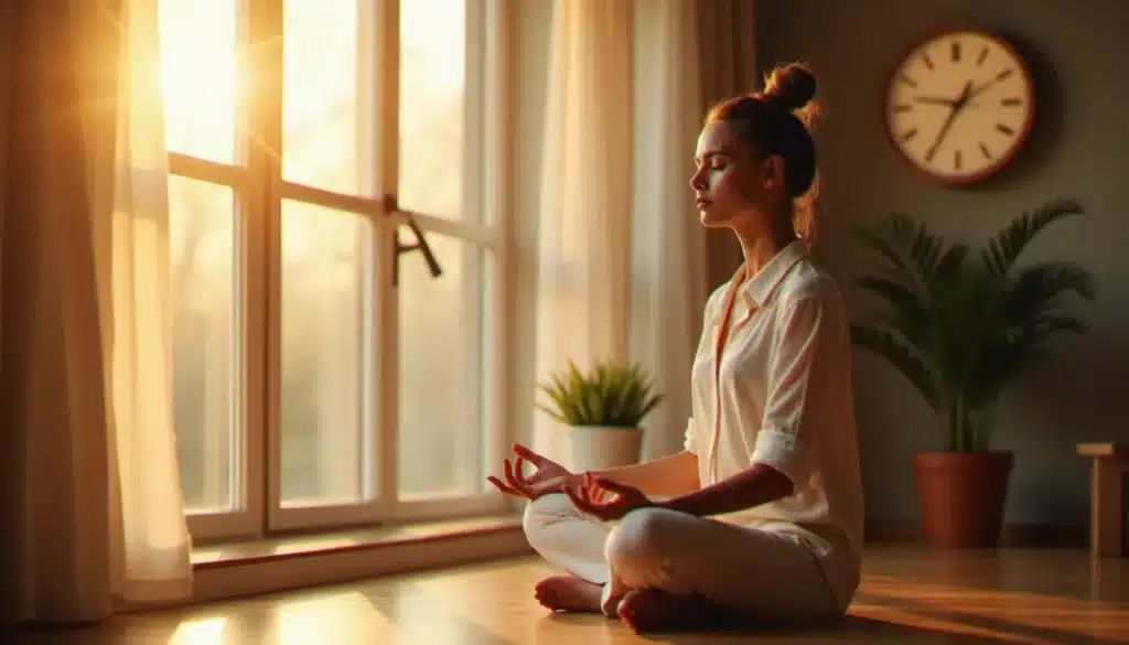 Femme en méditation près d'une fenêtre à l'aube avec une horloge indiquant 07h07, illustrant la signification spirituelle de cette heure pour les flammes jumelles