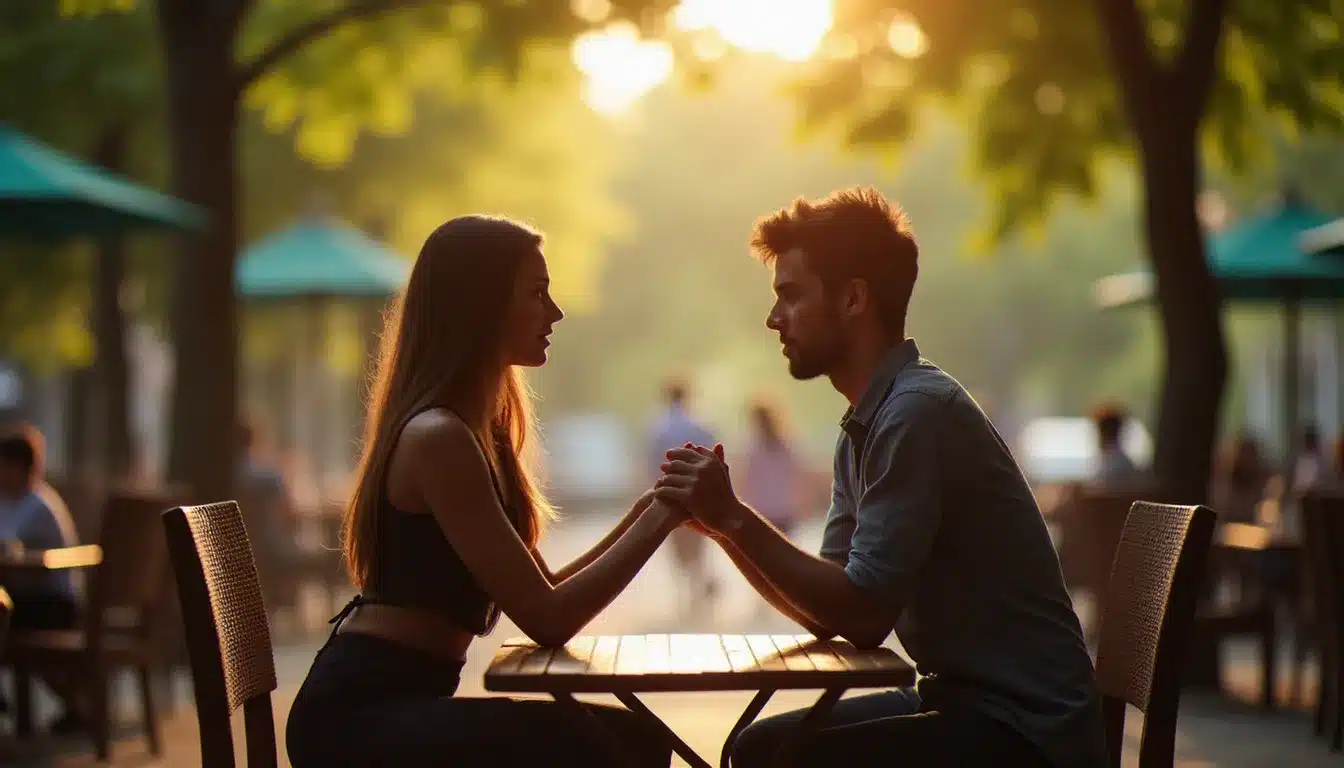 Deux personnes assises face à face dans un café en extérieur, mains proches l'une de l'autre, lumière dorée de l'après-midi, moment de connexion amoureuse symbolisant l'union évoquée par 10h01