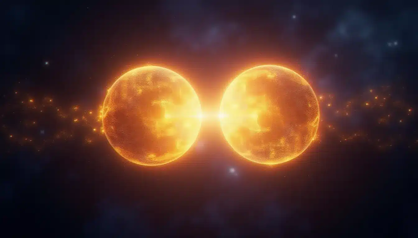 Deux sphères de lumière dorée reliées par un fil lumineux dans un espace cosmique sombre, représentant la connexion énergétique entre deux flammes jumelles au moment de l'heure miroir 10h10