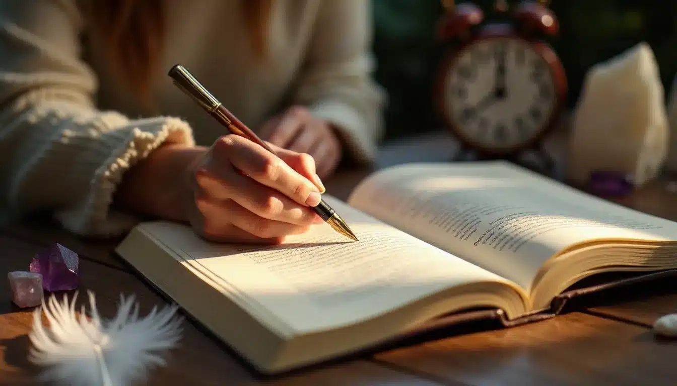 Mains de femme écrivant dans un journal de synchronicités à la lumière du matin, horloge affichant 10h10 et cristaux sur la table, illustrant la pratique spirituelle liée aux signes de la flamme jumelle