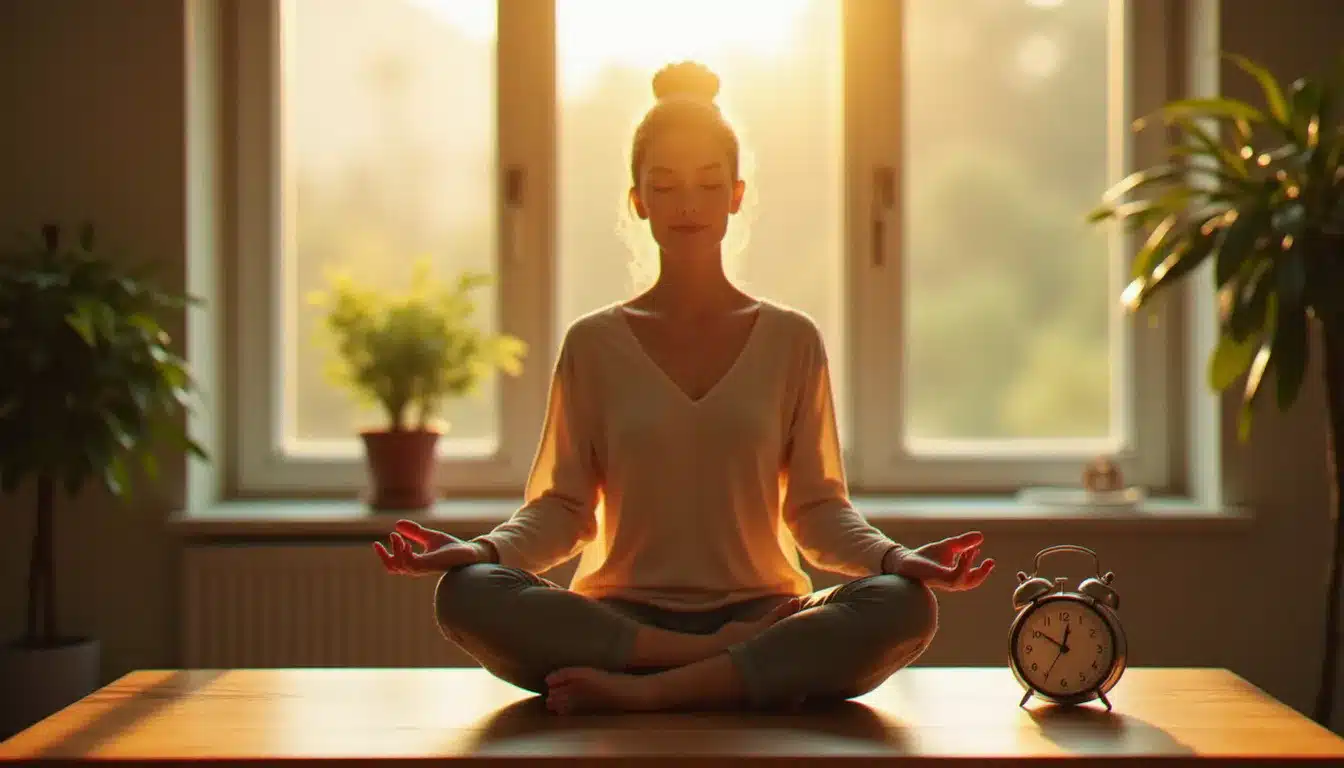 Femme en méditation au lever du soleil devant une fenêtre, horloge affichant 10h10 visible sur la table, illustrant la signification de 10h10 pour la flamme jumelle