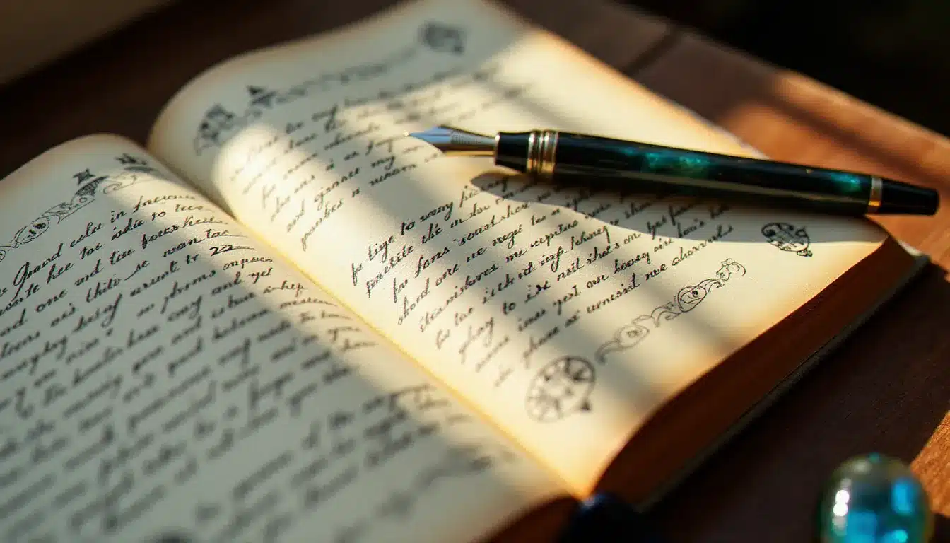 Journal de numérologie ouvert avec des notes manuscrites sur les vibrations des chiffres 1, 2 et 22 associés à l'heure 12h22, accompagné d'un cristal de labradorite