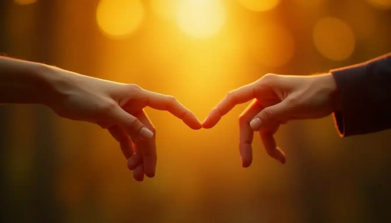 Deux mains tendues l'une vers l'autre dans une lumière dorée et éthérée, symbole puissant de la connexion entre flammes jumelles évoquée par le message spirituel de 12h22