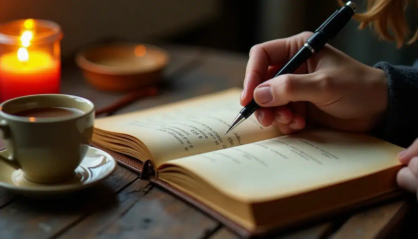 Main d'une personne écrivant dans un carnet de synchronicités à la lumière d'une bougie, pratique de numérologie et d'interprétation des heures miroirs
