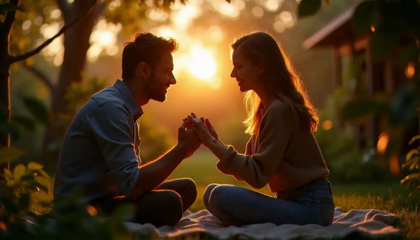 Deux personnes se faisant face dans un jardin au coucher du soleil, symbole de la connexion relationnelle et du message d'amour associé à la signification du 12h22