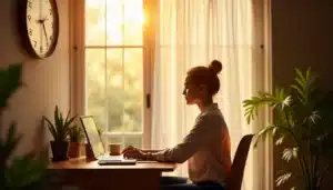 Femme méditative regardant une horloge affichant 12h22 près d'une fenêtre lumineuse, illustrant la signification spirituelle de cette heure miroir