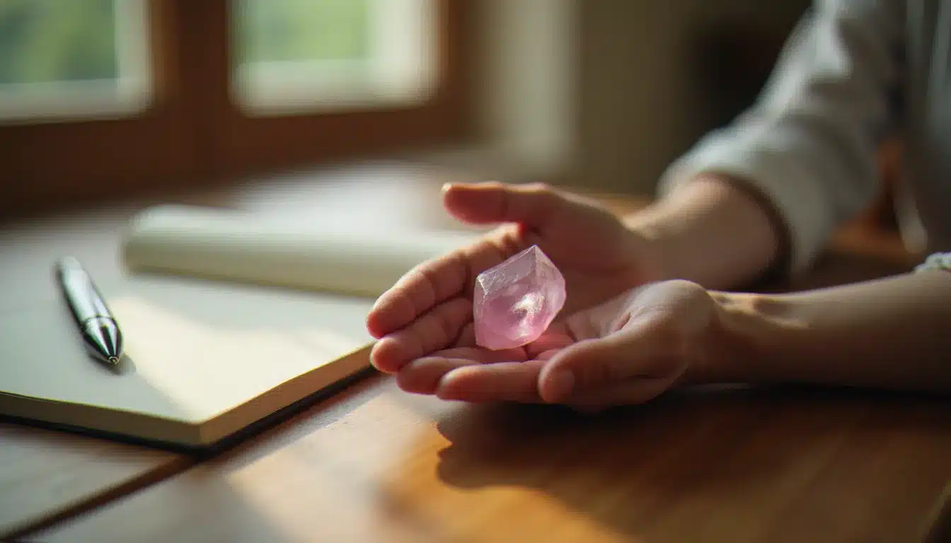 Deux mains unies autour d'un cristal de quartz rose, symbolisant la connexion entre âmes jumelles lors d'un rituel spirituel