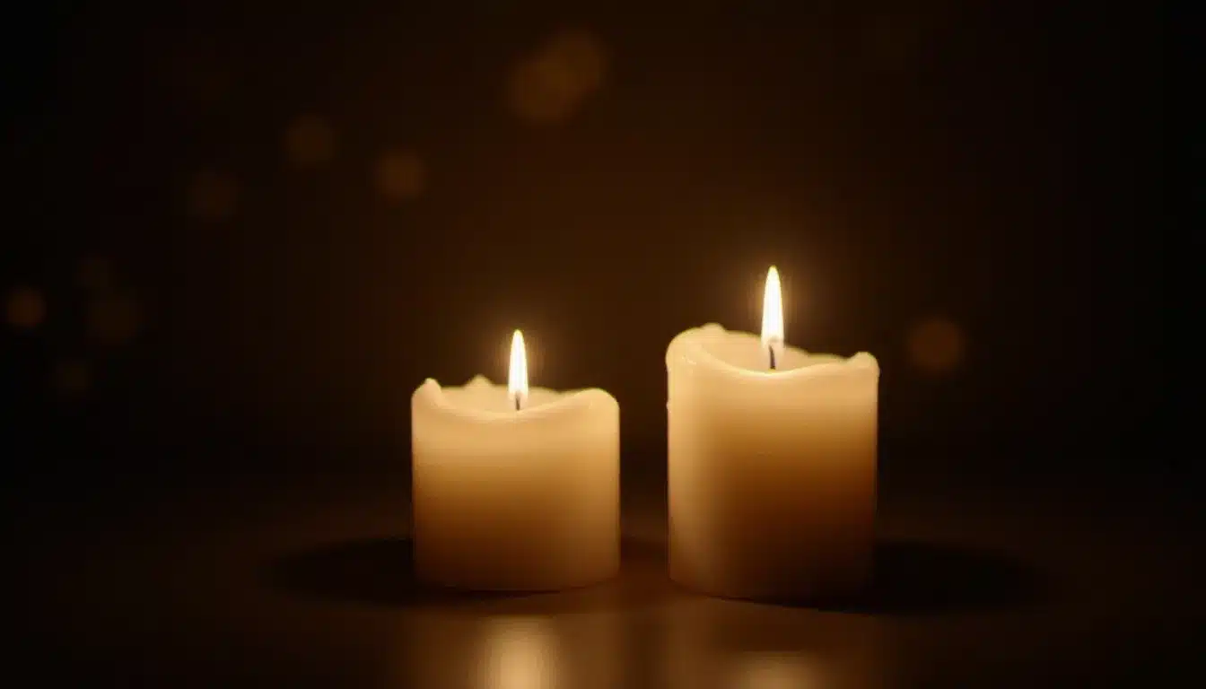Deux flammes de bougies blanches côte à côte dans l'obscurité, métaphore visuelle de deux flammes jumelles progressant vers leur union spirituelle