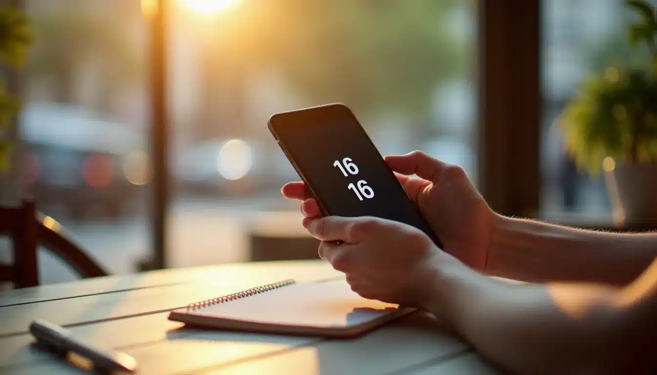 Main tenant un téléphone affichant 16h16, illustrant la synchronicité numérique au cœur de la signification de 16h16 pour la flamme jumelle