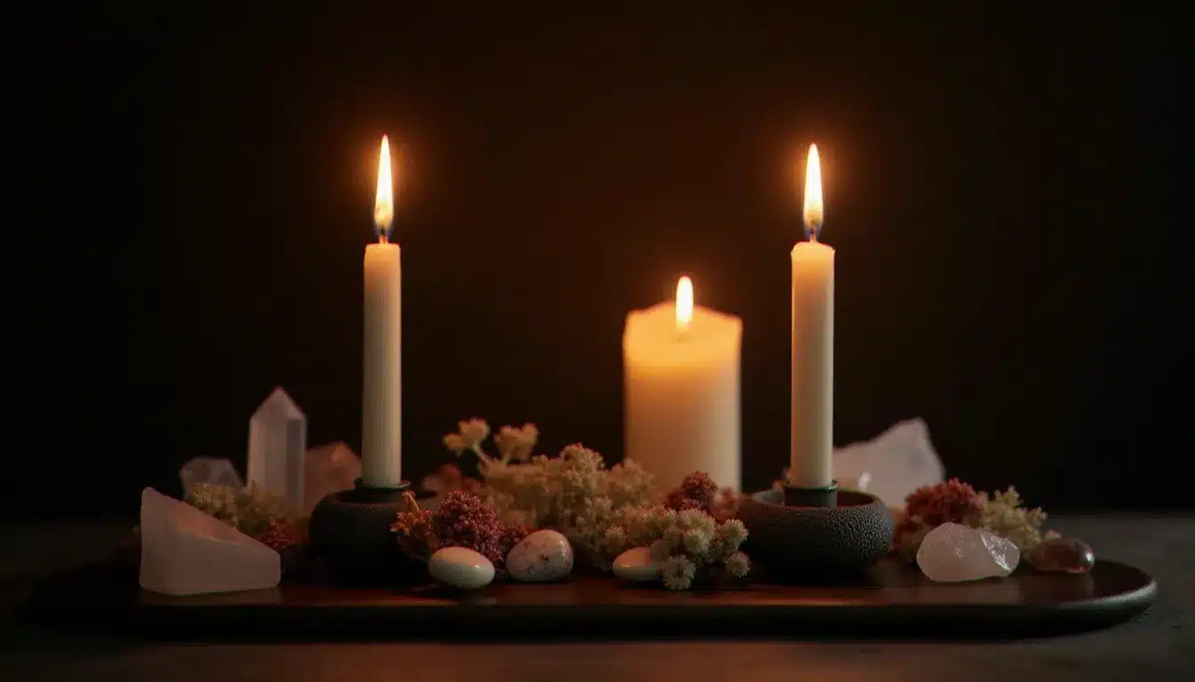 Deux bougies jumelles allumées sur un autel spirituel avec cristaux, symbolisant l'union et les messages de 16h16 dans le chemin des flammes jumelles