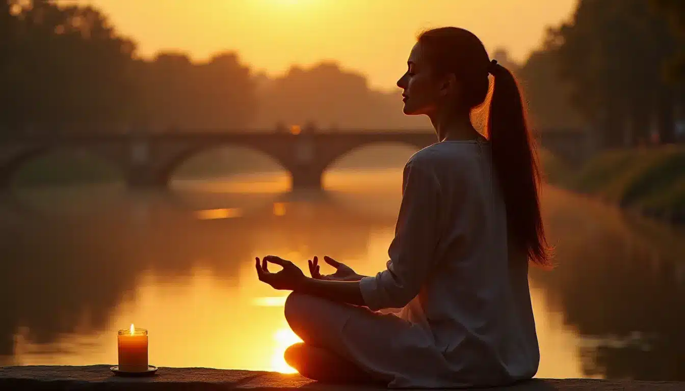 Femme méditant au bord de la Saône à Lyon au coucher du soleil, évoquant la connexion spirituelle liée à la signification de 16h16 et à la flamme jumelle