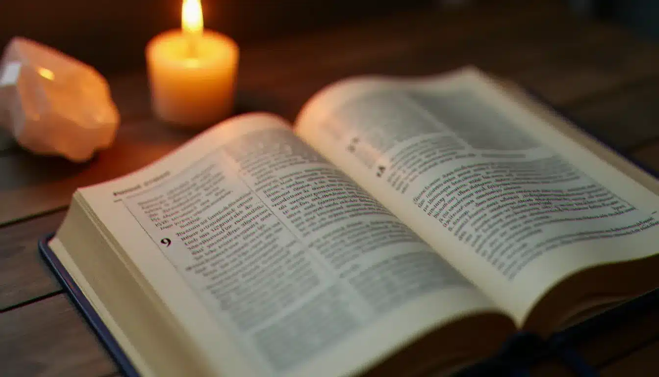 Livre de numérologie ouvert avec notes manuscrites sur les chiffres 1 et 8, bougie allumée et cristal de quartz, symbolisant le décodage numérologique de 18h18