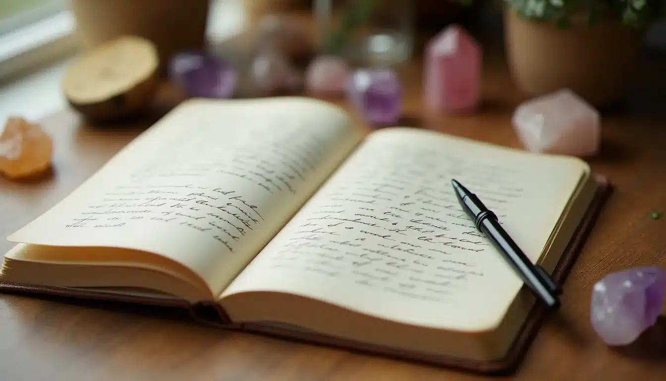 Journal de synchronicités ouvert entouré de cristaux — citrine, améthyste et quartz rose — symbolisant le travail intérieur recommandé lors des signes 19h19 flamme jumelle