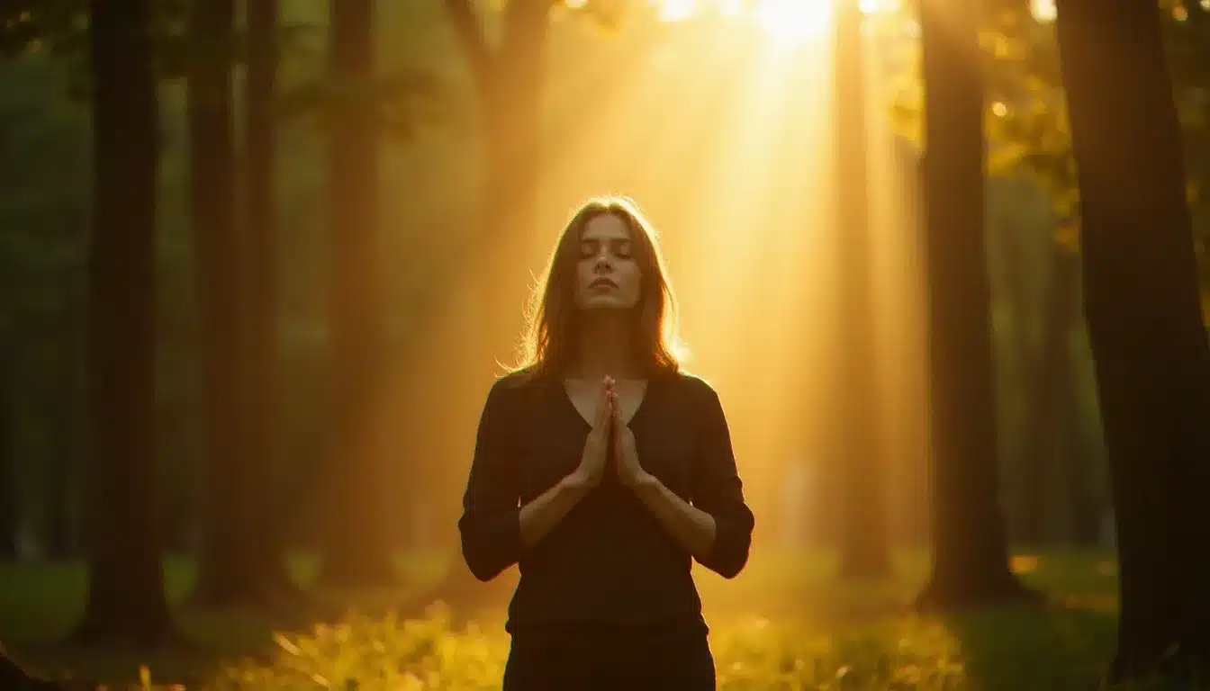 Femme en méditation dans une clairière baignée de deux faisceaux de lumière solaire dorée, symbolisant la connexion intérieure et le voyage de l'âme vers l'union des flammes jumelles