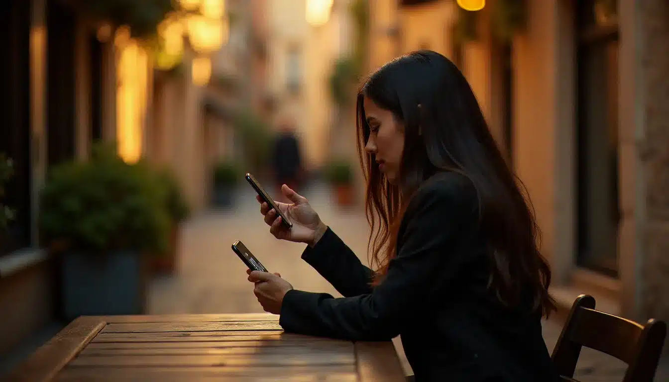 Femme contemplative dans un café lyonnais regardant son téléphone affichant 19h19, lumière dorée du soir, évoquant le signe de la flamme jumelle à travers l'heure miroir