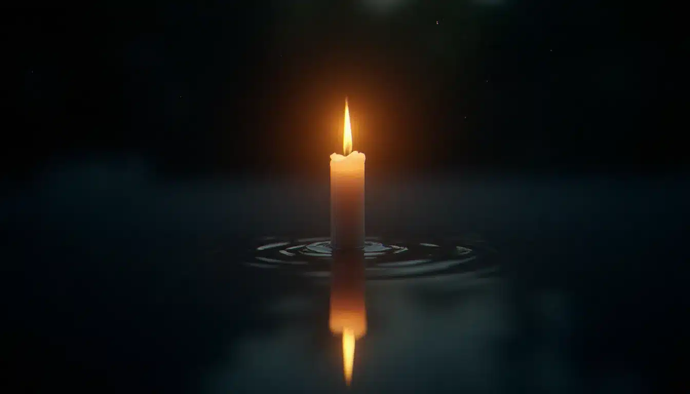 Deux flammes jumelles dorées se reflétant parfaitement dans l'eau, symbole de la connexion d'âme entre les deux moitiés d'une même entité spirituelle