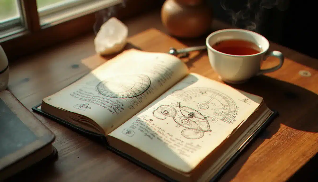 Journal de numérologie ouvert avec des schémas et un cristal de quartz sur une table en bois, illustrant les pratiques concrètes pour décoder le message de 20h20 dans le chemin de la flamme jumelle
