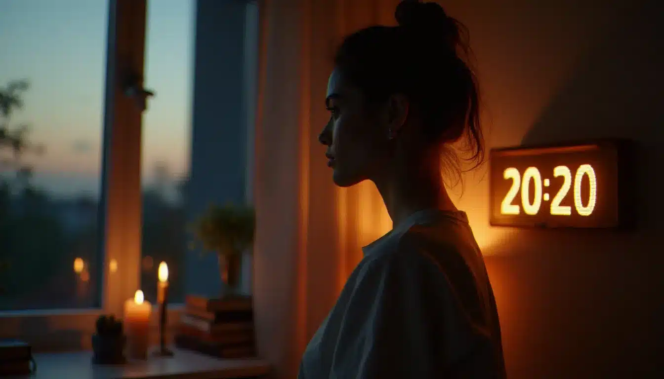 Femme contemplative dans une pièce chaleureuse regardant une horloge affichant 20h20, illustrant la signification de cette heure miroir pour les flammes jumelles