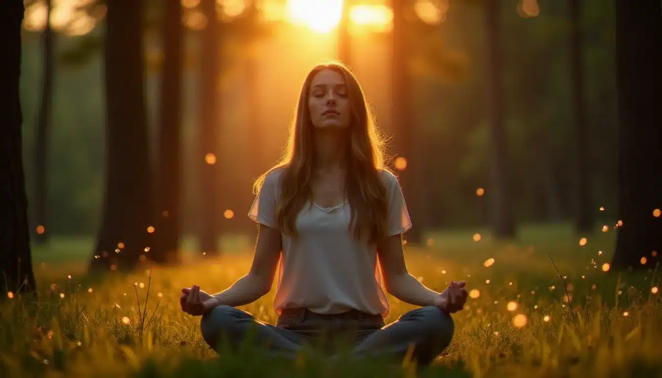 Femme en méditation profonde dans une clairière au crépuscule baignée de lumière dorée, symbolisant la connexion vibratoire universelle des heures miroirs dans le chemin spirituel