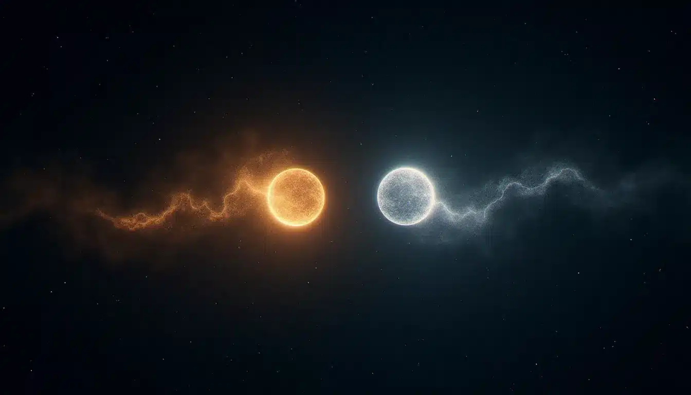 Deux orbes de lumière dorée et argentée se rapprochant dans un ciel étoilé profond, symbolisant la connexion des flammes jumelles lors des moments clés de leur chemin spirituel commun
