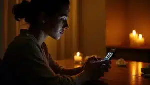 Femme en contemplation nocturne regardant l'heure 21h21 sur son téléphone entourée de bougies, atmosphère symbolisant le chemin de flamme jumelle et la signification des heures miroirs