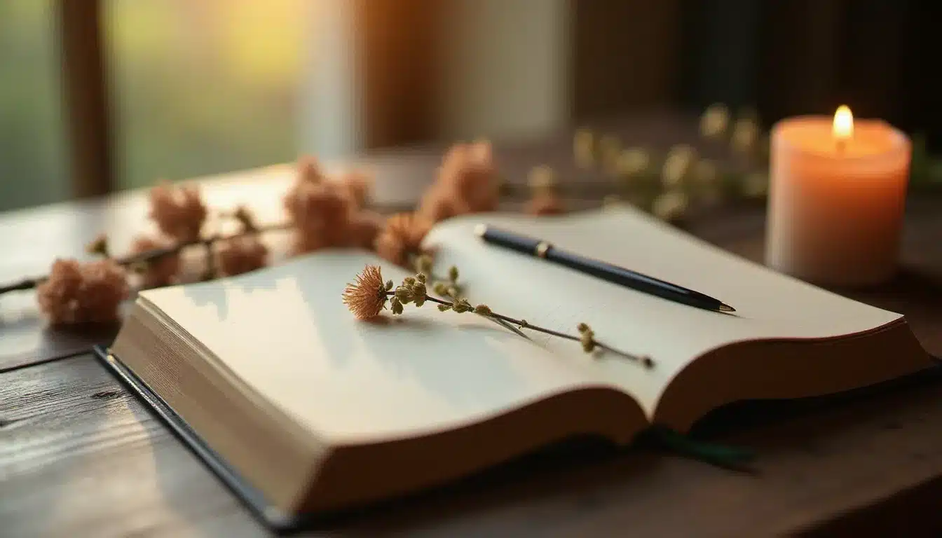 Journal de synchronicités ouvert sur un bureau en bois avec une bougie allumée, outil de travail spirituel pour décoder les messages des heures miroirs comme 21h21