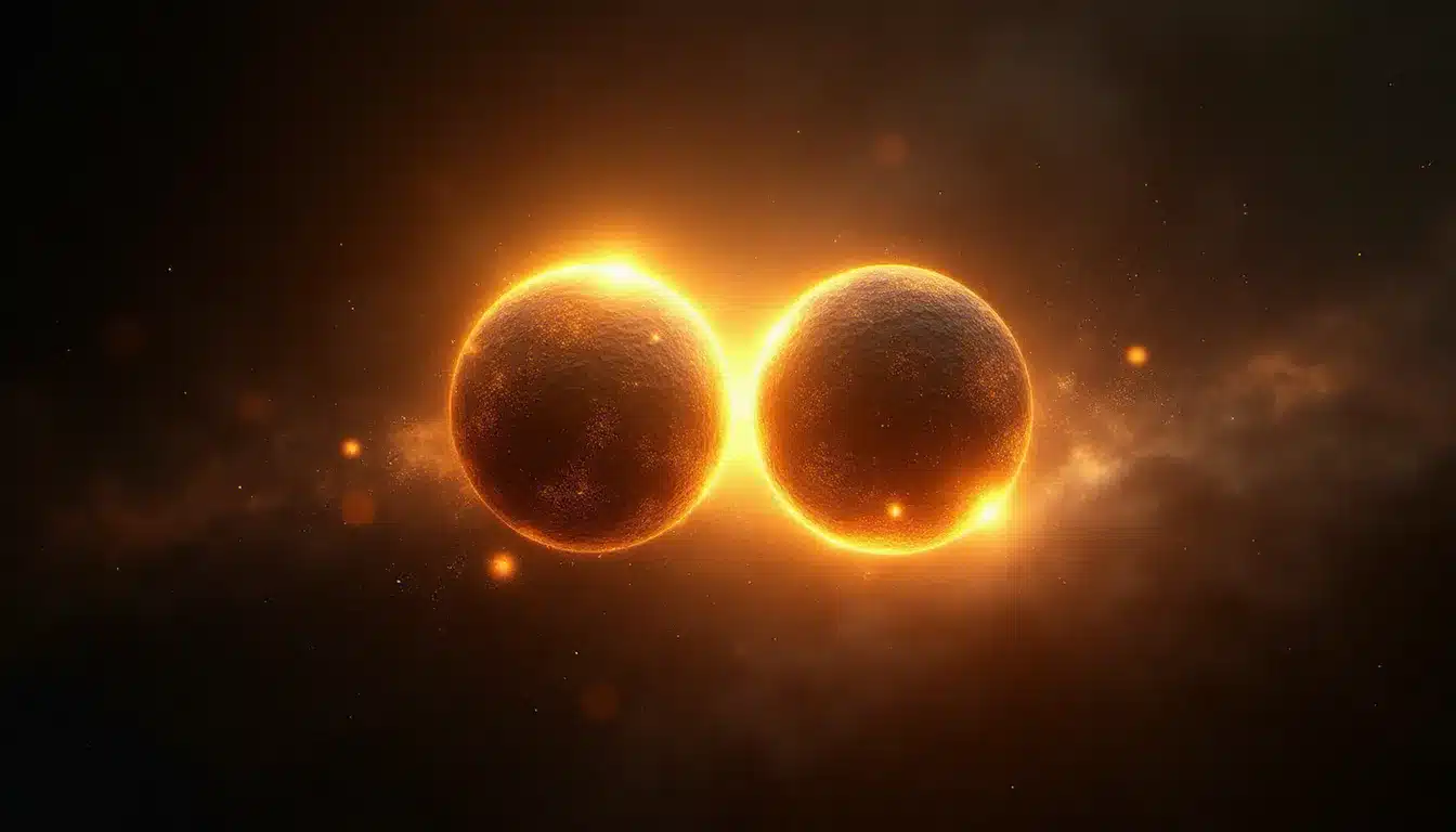 Deux sphères de lumière dorée qui fusionnent dans un espace cosmique, représentant l'union des âmes flammes jumelles annoncée par la signification de 21h21