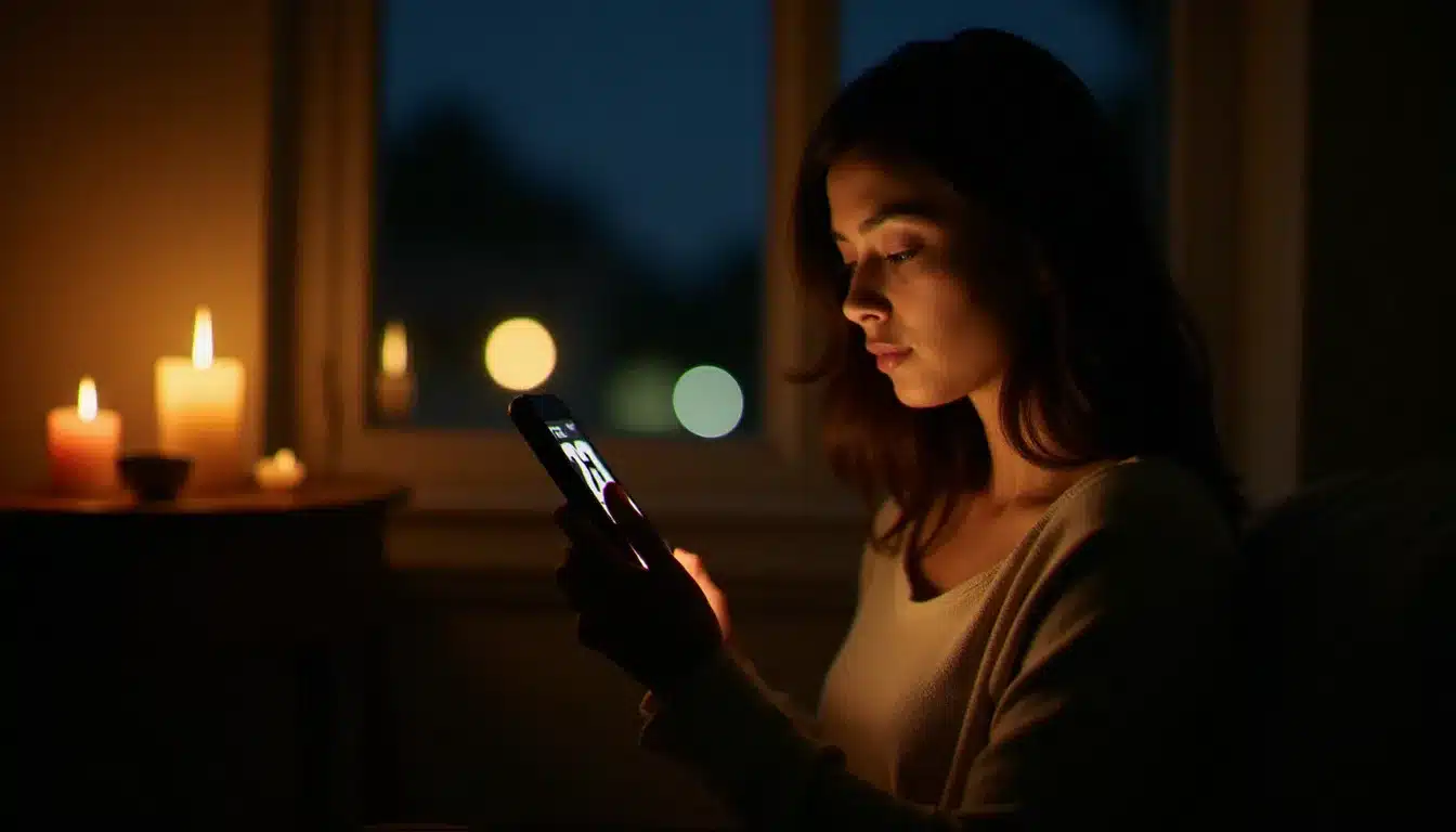Femme contemplant l'heure 21h21 sur son téléphone dans une pièce éclairée à la bougie, évoquant la signification flamme jumelle de cette heure miroir