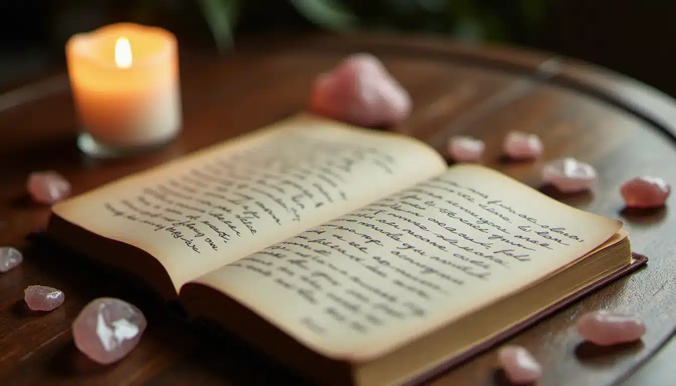Journal de synchronicités ouvert à la lumière d'une bougie avec des cristaux de quartz rose et de pierre de lune, évoquant les rituels pratiqués lors de la réception du message 22h22
