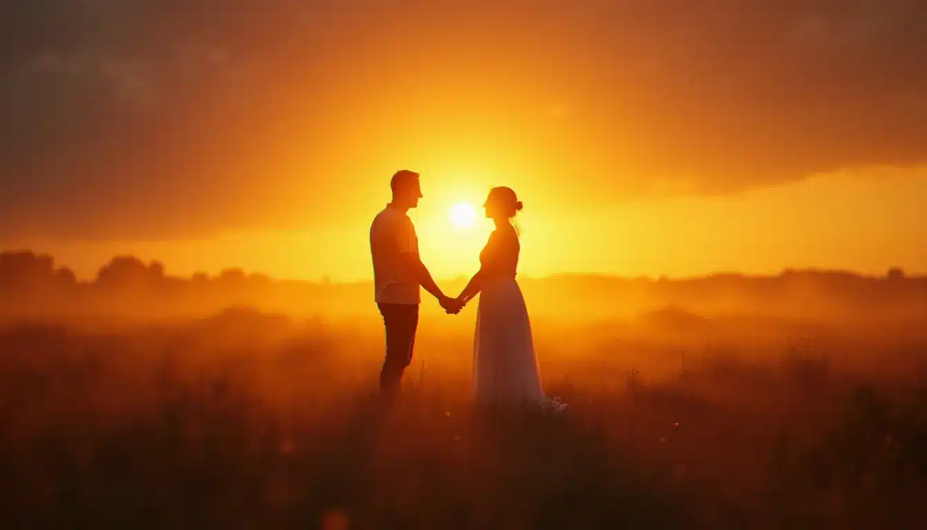 Deux silhouettes séparées dans un champ brumeux au coucher du soleil, reliées par une lumière dorée invisible symbolisant la connexion flamme jumelle persistant pendant la séparation malgré la distance