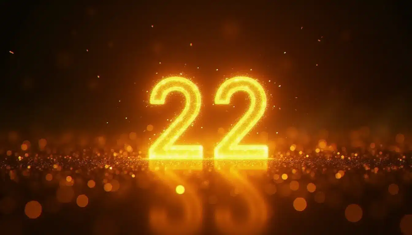 Représentation lumineuse du nombre maître 22 entouré de géométrie sacrée dorée, symbole de la numérologie des flammes jumelles