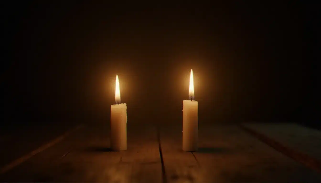 Deux flammes de bougies identiques brûlant côte à côte, symbole visuel de la connexion entre flammes jumelles et du message de l'heure miroir 22h22