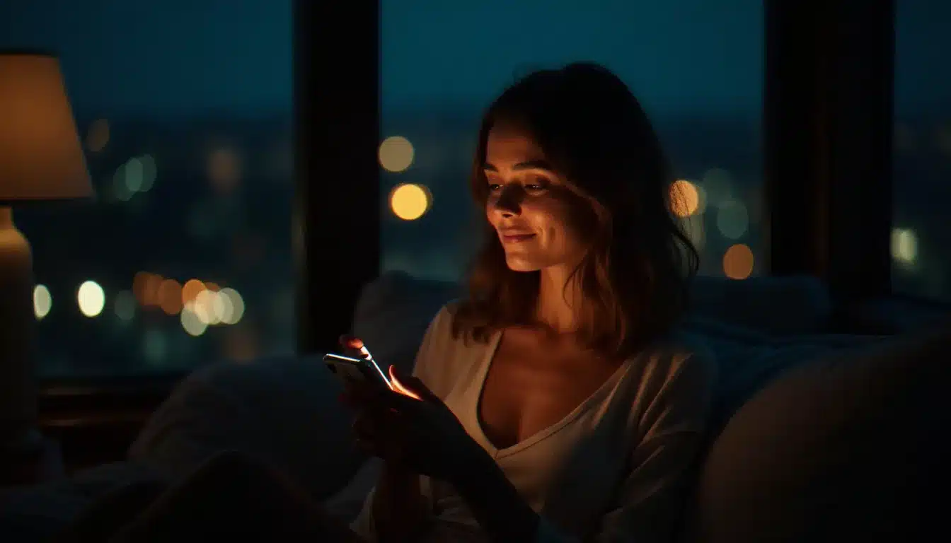 Femme contemplant l'heure miroir 22h22 sur son téléphone dans l'obscurité du soir, illustrant la signification de 22h22 pour la flamme jumelle