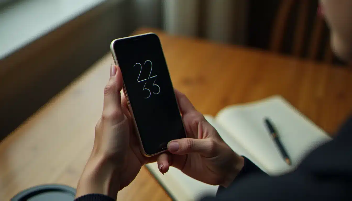Mains féminines tenant un téléphone affichant 22h33 avec un journal manuscrit ouvert en arrière-plan, symbolisant la pratique du journal des synchronicités pour explorer la signification des heures répétitives
