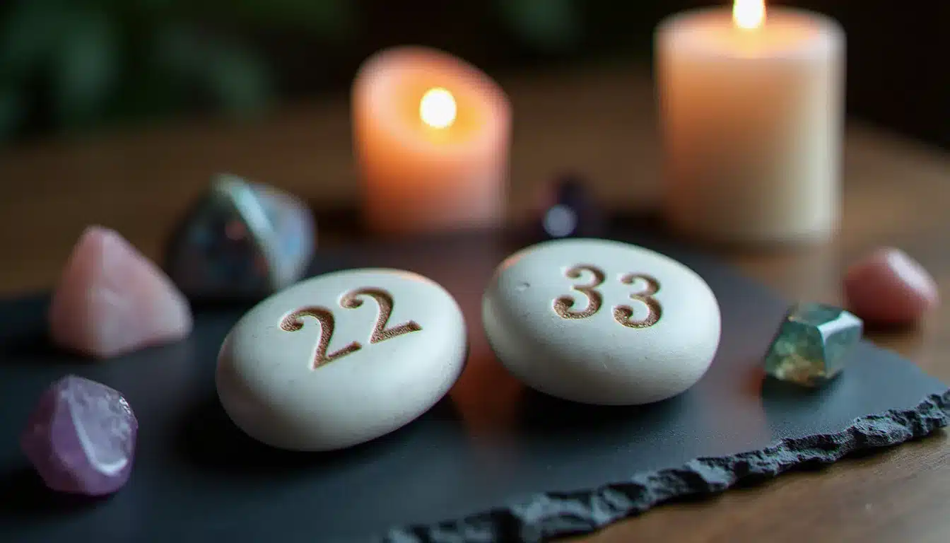 Galets gravés des nombres 22 et 33 entourés de cristaux de kunzite rose, labradorite irisée et lépidolite violette disposés autour d'une bougie allumée, représentant les pratiques rituelles pour honorer la 22h33 signification dans le quotidien