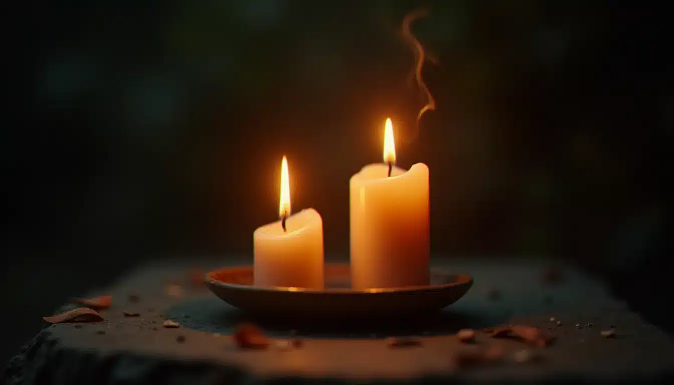 Deux flammes de bougies côte à côte symbolisant la connexion vibratoire entre flammes jumelles lors de synchronicités numériques