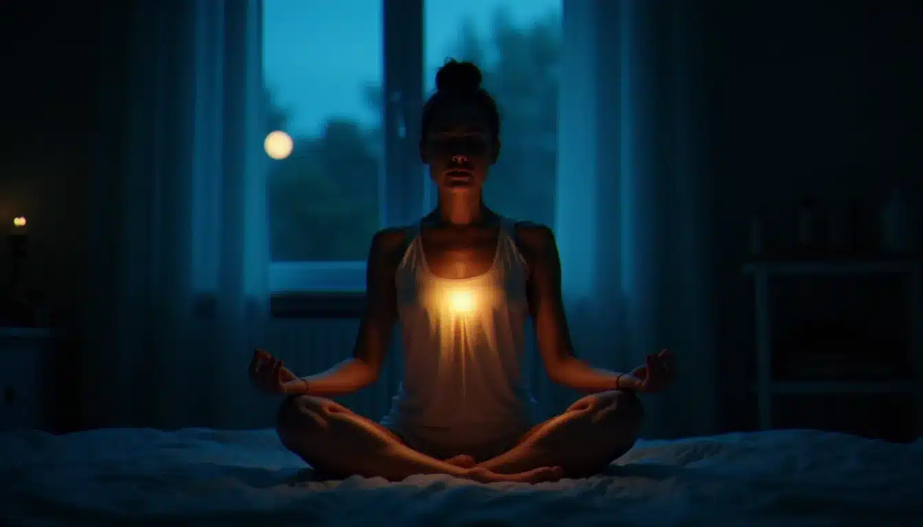 Femme en méditation nocturne pratiquant un rituel spirituel pour honorer le message de 23h23 dans son chemin de flamme jumelle