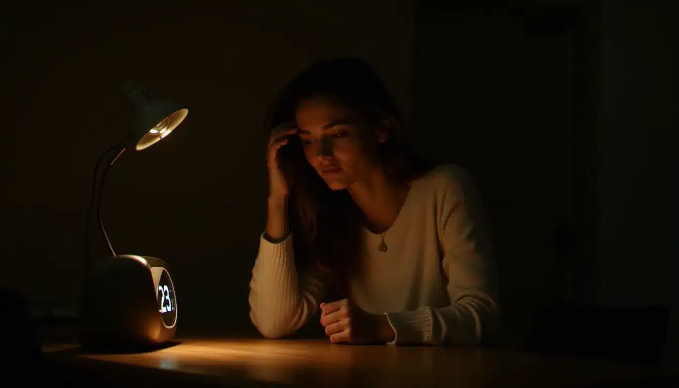Femme contemplative regardant une horloge affichant 23h23, illustration de la signification flamme jumelle de cette heure miroir