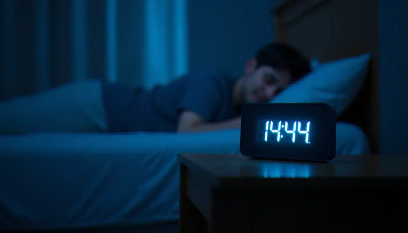 Réveil numérique affichant 4h44 sur une table de nuit éclairée par la lumière de la lune, symbolisant les synchronicités numériques des flammes jumelles