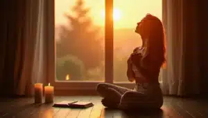 Femme méditant à la lumière dorée du coucher de soleil avec une bougie, évoquant la connexion spirituelle et la 444 signification flamme jumelle