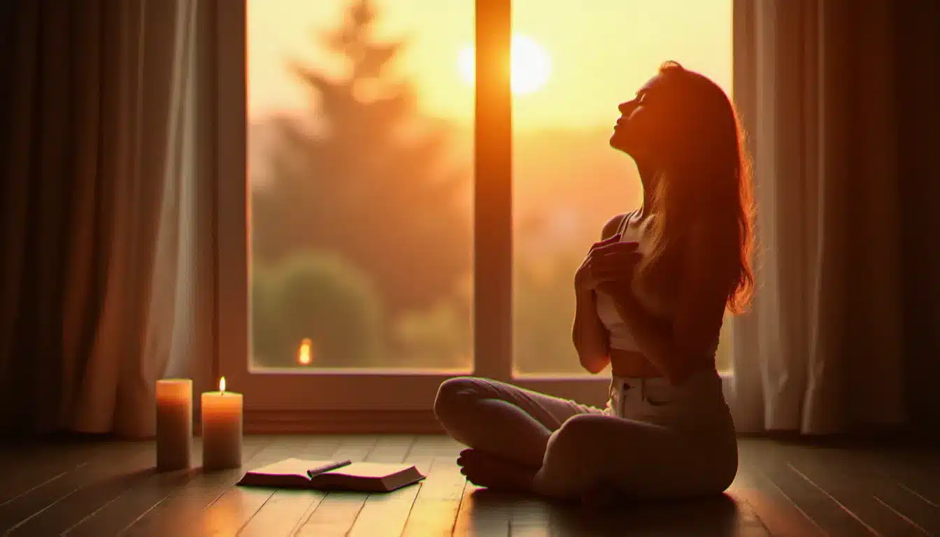 Femme méditant à la lumière dorée du coucher de soleil avec une bougie, évoquant la connexion spirituelle et la 444 signification flamme jumelle