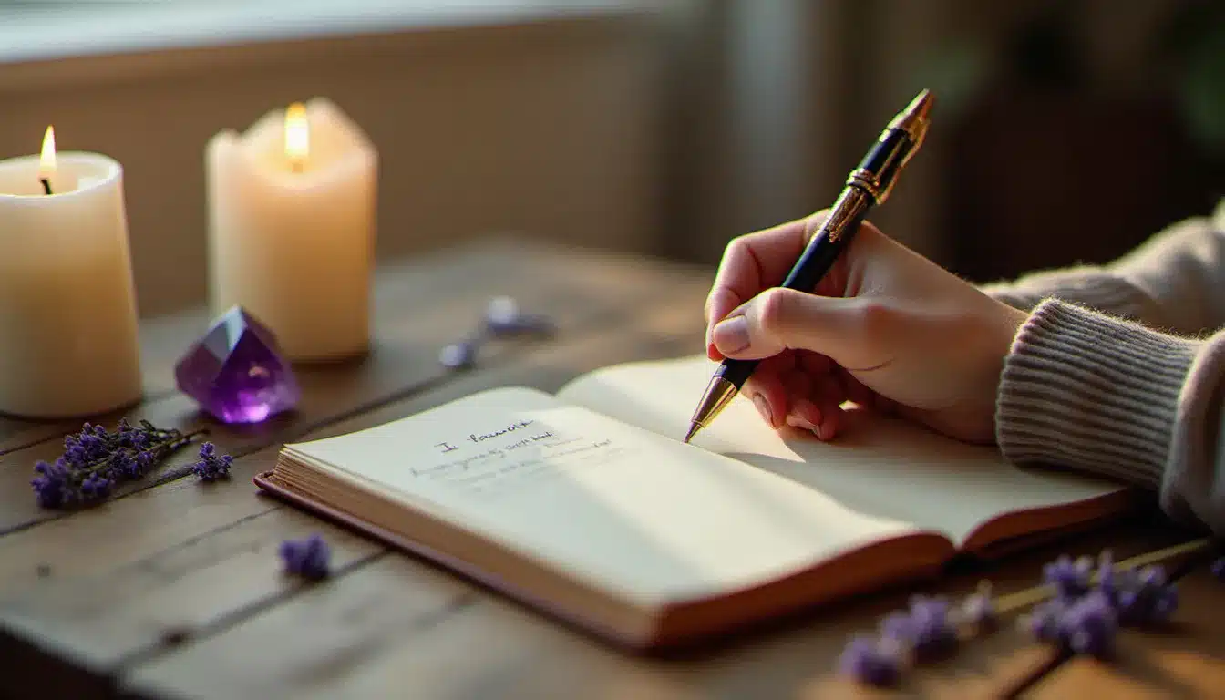 Main d'une femme écrivant dans un journal spirituel entouré de cristaux et de bougies blanches, évoquant les rituels du chemin des flammes jumelles
