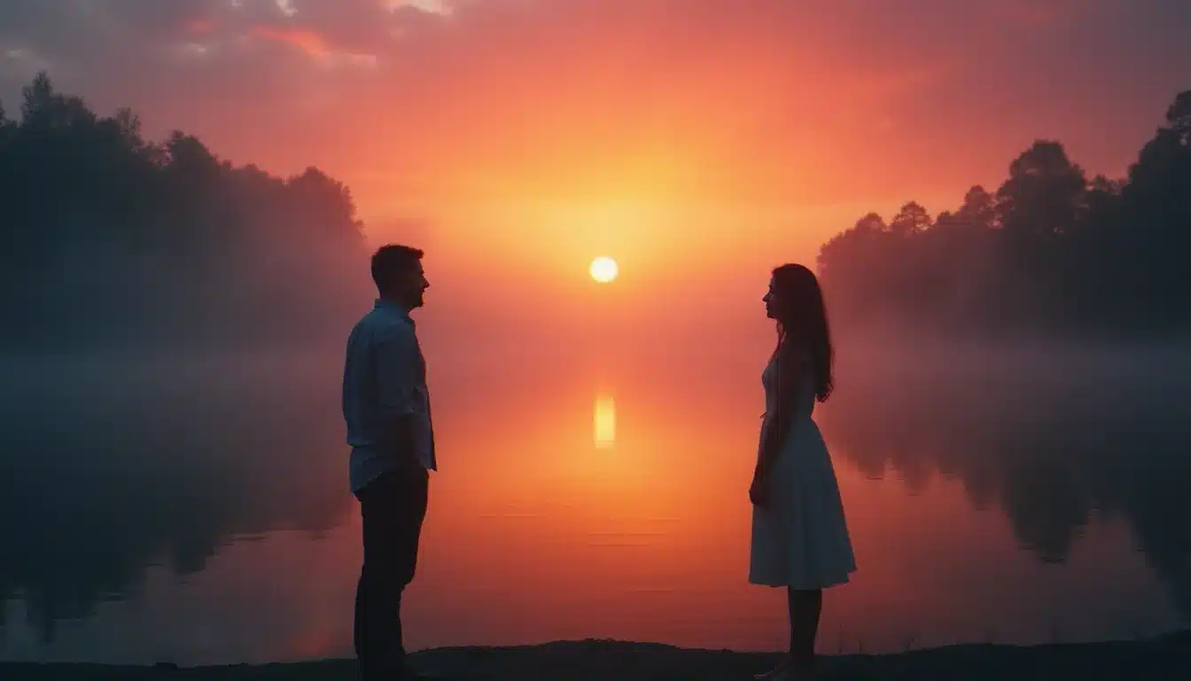 Deux silhouettes séparées face à un lac au coucher du soleil symbolisant les étapes de séparation et de transformation dans le chemin des flammes jumelles